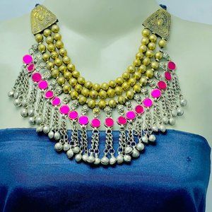 Golden Beaded Kuchi Necklace: Pink Glass & Silver Bells, Tribal Jewelry